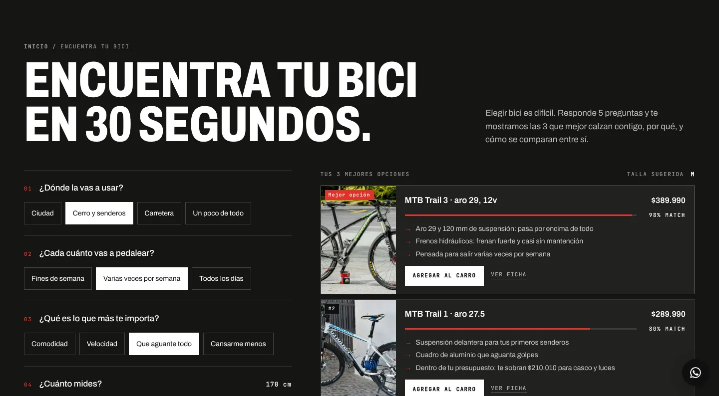 Bike Finder: preguntas a la izquierda y las tres mejores opciones con su porcentaje de coincidencia.