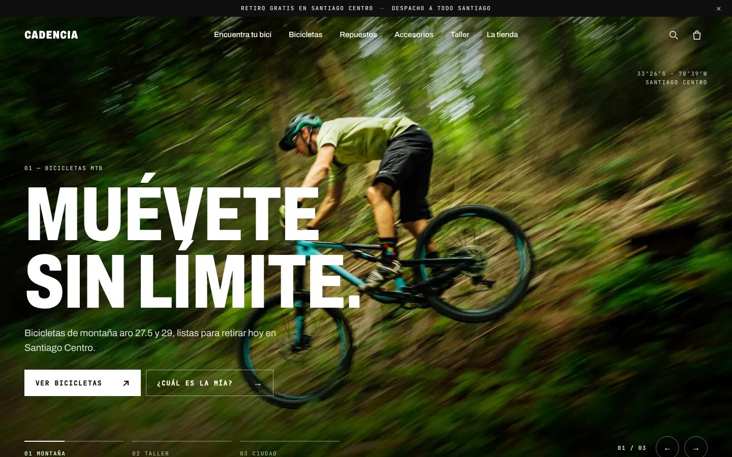 Portada de la tienda Cadencia: ciclista de montaña con el titular "Muévete sin límite".