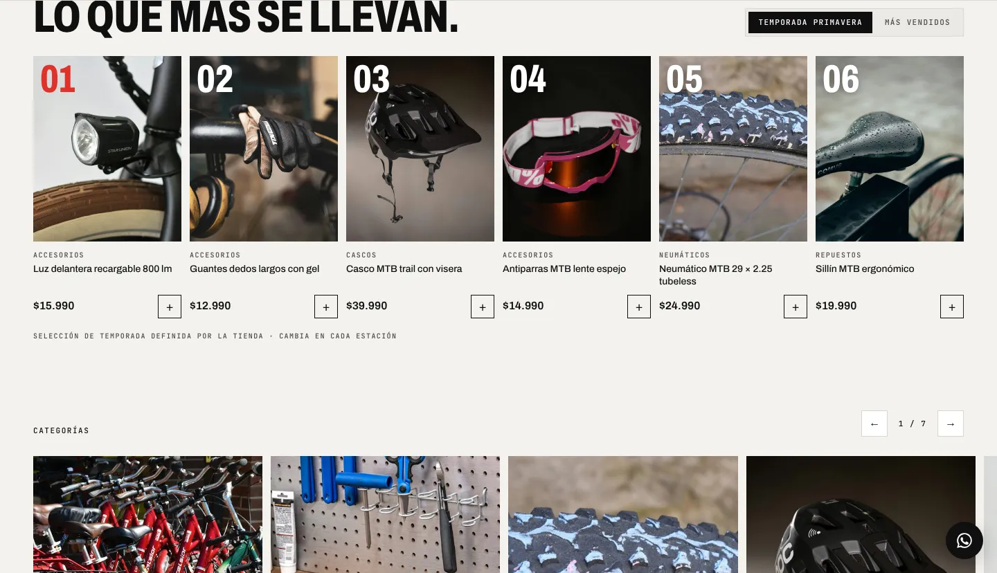 Sección "Lo que más se llevan": seis productos de temporada numerados del 01 al 06.