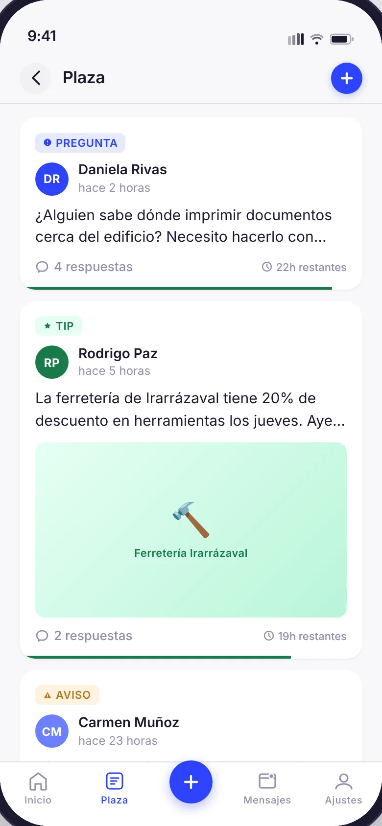 Plaza: preguntas, tips y avisos del edificio.