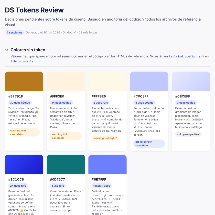 Revisión de tokens del design system de Dindop: colores sin token detectados en el código.