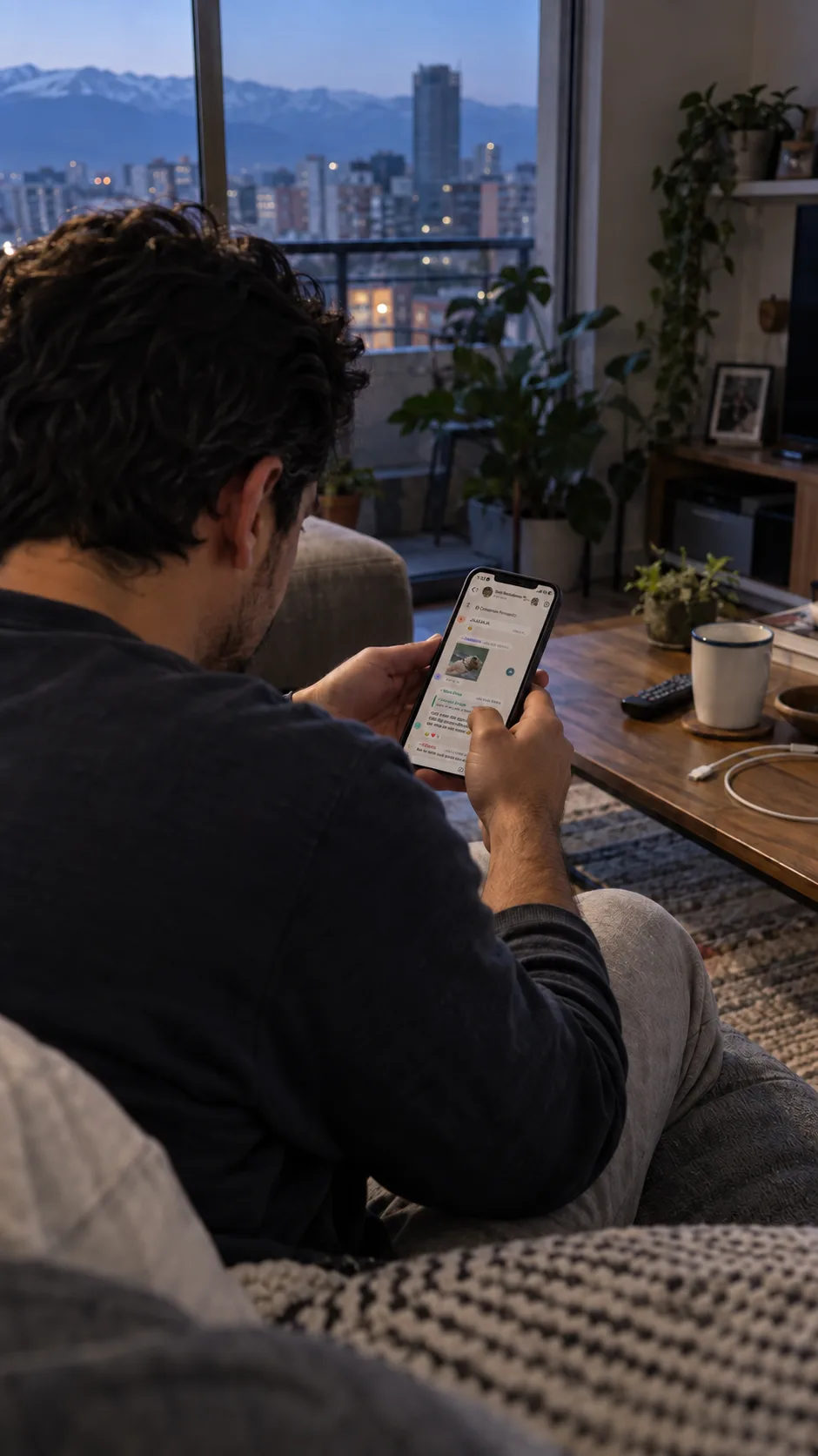Vecino en su living, de noche, revisando un grupo de WhatsApp en el teléfono.