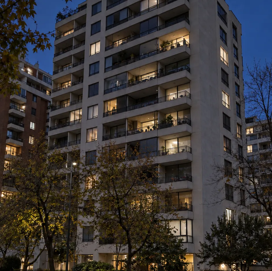 Edificio residencial de noche con las ventanas encendidas.