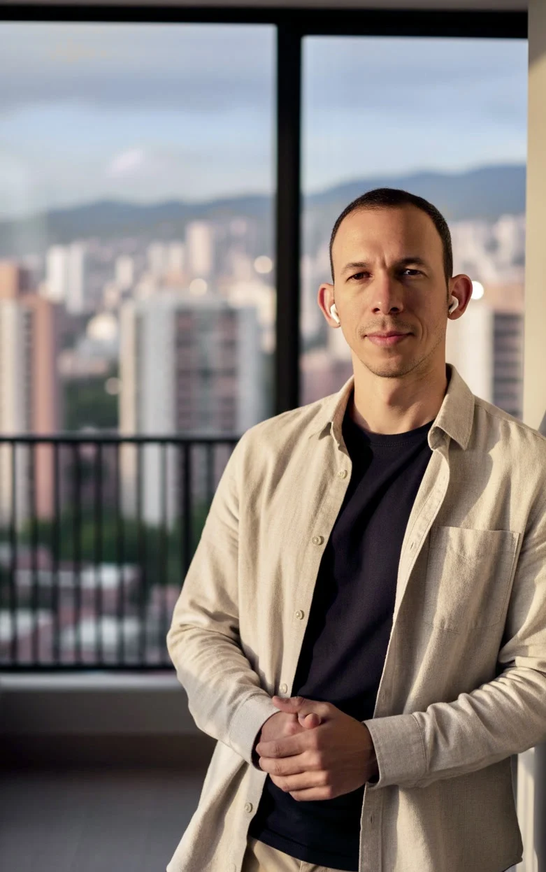 Leandro León, de pie junto a un ventanal con la ciudad de fondo.
